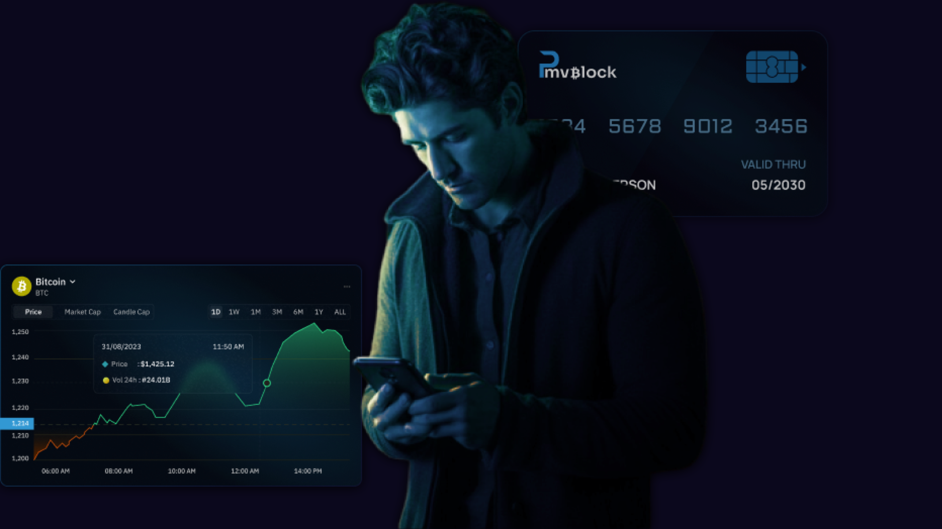 A man looking at his smartphone with a Bitcoin price chart and a credit card in the background, showing financial technology and cryptocurrency trends.