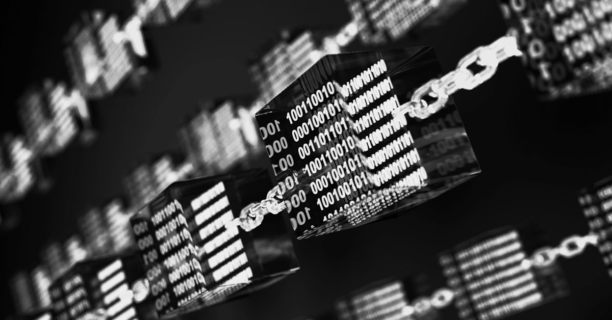 A close-up view of blockchain data blocks connected by chains, representing secure decentralized technology.