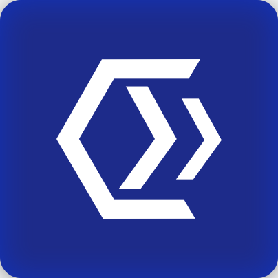 A blue and white logo featuring two interlocking arrows forming a hexagonal shape, symbolizing technology and digital movement.